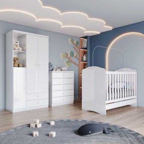 Quarto de Bebê com Guarda-Roupa 3 Portas Cômoda e Berço Faz de Conta Espresso Móveis