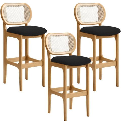 Kit 03 Banquetas Altas para Cozinha Bancada Sala Tela Betta Fixa L02 Bouclê Preto - Lyam