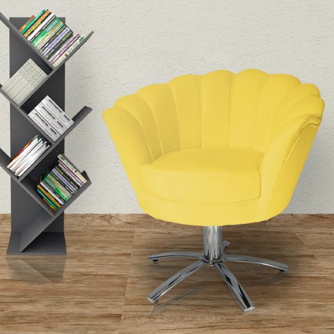 Poltrona Para Sala de Estar Com Base Giratória de Metal Pétala Suede Amarelo - LM DECOR