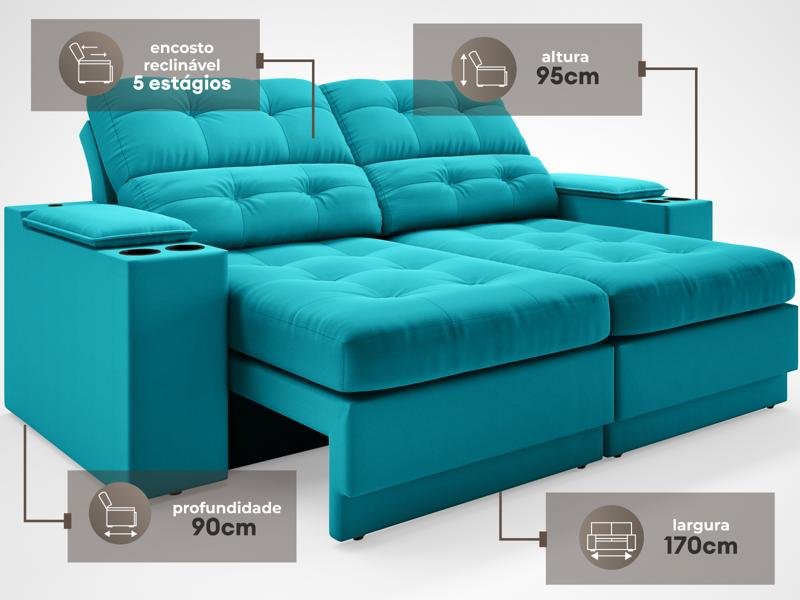 Sofá com Porta Copos e Carregador USB Eureka 1,70m Assento Retrátil e Reclinável Velosuede - 3