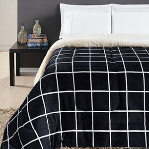 Coberdrom Cobertor Brooklyn Queen Sherpa Manta Flannel Quadriculado - Preto
