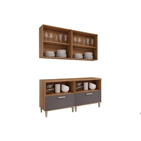 Cozinha Completa 4 Peças Bella sem Portas 2 Aéreos 2 Balcões 160cm Freijó Titanium
