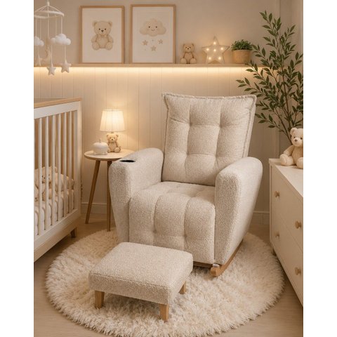 Poltrona de Amamentação Balanço com Puff Jade em Boucle Conforto Elegância e Aconchego Bege Claro