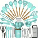 Ver imagem 1 de Kit 44 Utenslios de Cozinha Silicone e Madeira Antiaderente Menta
