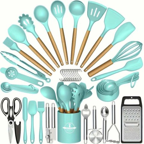 Kit 44 Utenslios de Cozinha Silicone e Madeira Antiaderente Menta