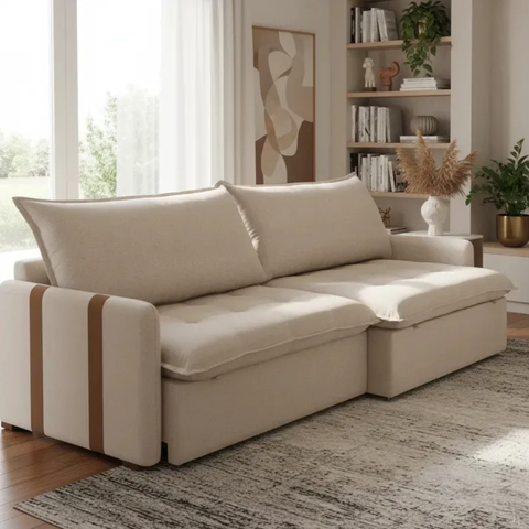 Sofá Cama Slim 160m Retrátil Reclinável 3 Lugares Compact Bege Veludo