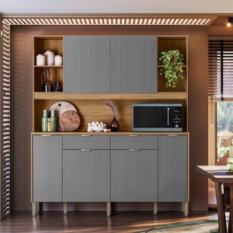 Armário de Cozinha Botanika 6 Portas 2 Gavetas MDF-MDP 179cm Freijó-Gris Kit'S Paraná