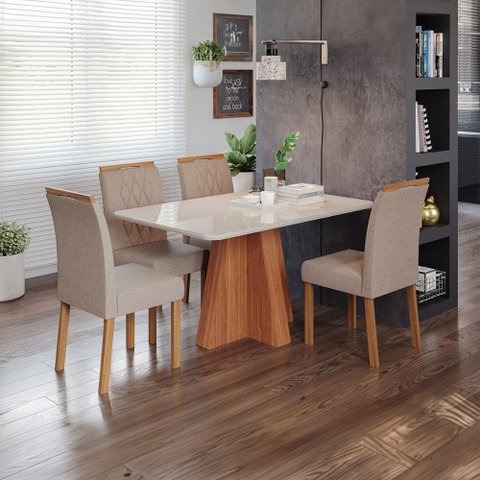 Sala de Jantar 4 Lugares Tampo de Vidro 130 cm Artemísia Cadeiras Madeira Maciça Cinamomo/Linho Bege