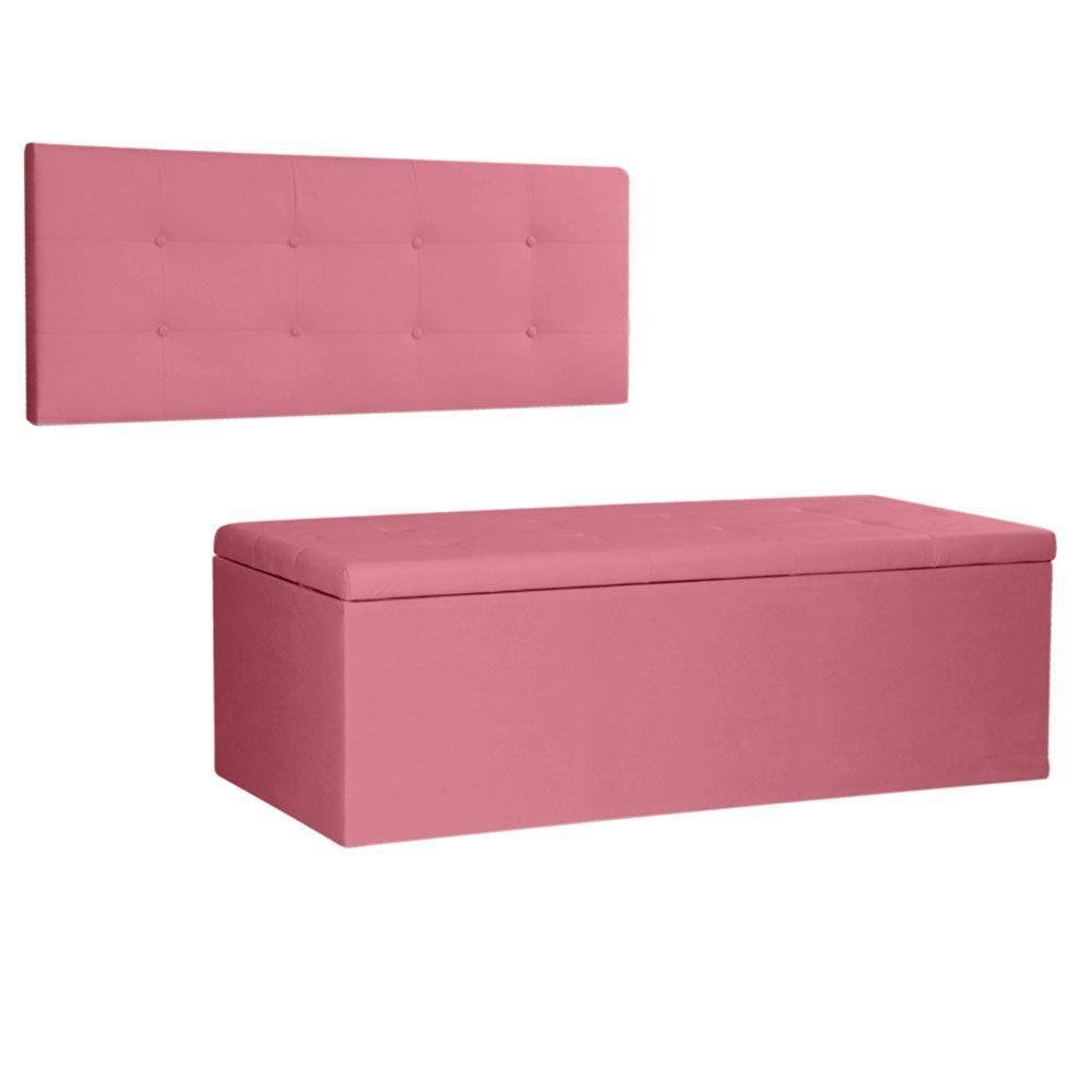 Kit Painel e Calçadeira Baú King 1,95m Berlim Suede - Pallazio Cor Rosa