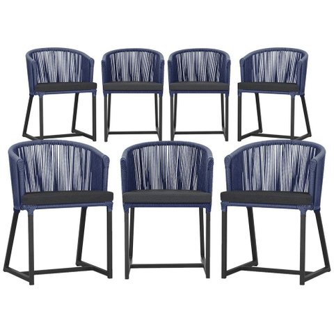 7 Cadeiras de Jantar Área Noronha em Alumínio com Pintura Preta Corda Náutica Estofado 11 Trama Orig