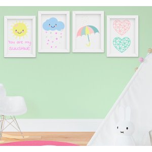 Quadrinho Infantil Quarto Bebê Menina Chuva de Amor Kit 4 Peças