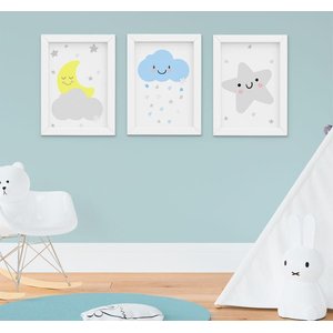 Quadro Decorativo Infantil Quarto Bebê Menino Chuva de Amor Kit 3 Peças