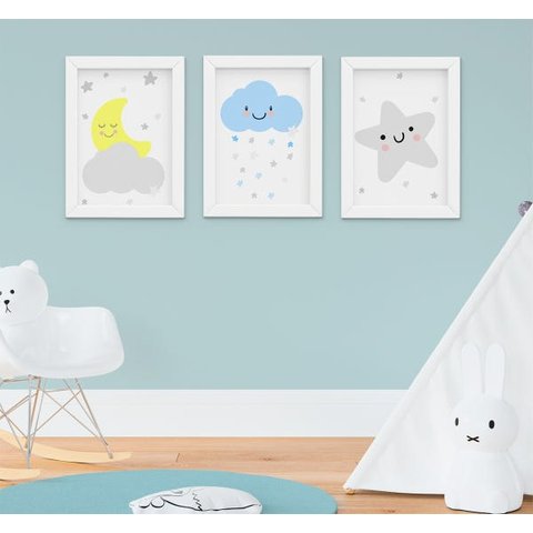 Quadro Decorativo Infantil Quarto Bebê Menino Chuva de Amor Kit 3 Peças