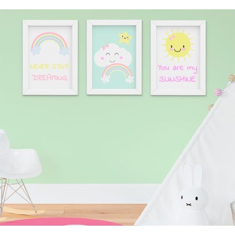 Quadro Infantil Quarto Bebê Menina Céu Nuvem Sol Arco-Íris Kit 3 Peças