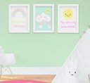 Ver imagem 1 de Quadro Infantil Quarto Bebê Menina Céu Nuvem Sol Arco-Íris Kit 3 Peças