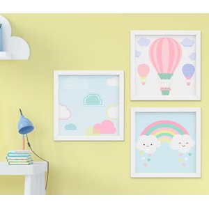 Quadro Infantil Quarto Bebê Menina Balão Nuvem Arco-Íris Kit 3 Peças