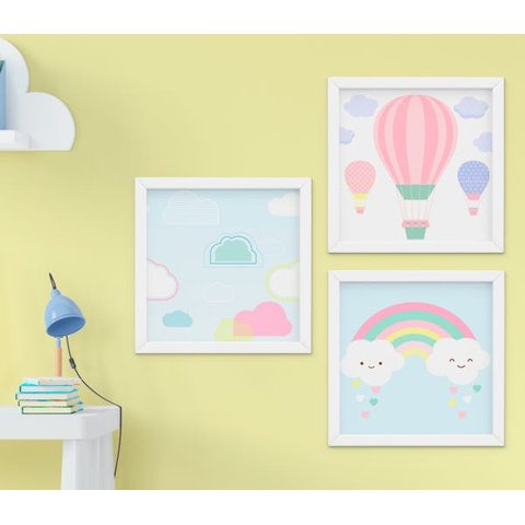Quadro Infantil Quarto Bebê Menina Balão Nuvem Arco-Íris Kit 3 Peças