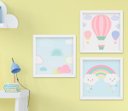Ver imagem 1 de Quadro Infantil Quarto Bebê Menina Balão Nuvem Arco-Íris Kit 3 Peças