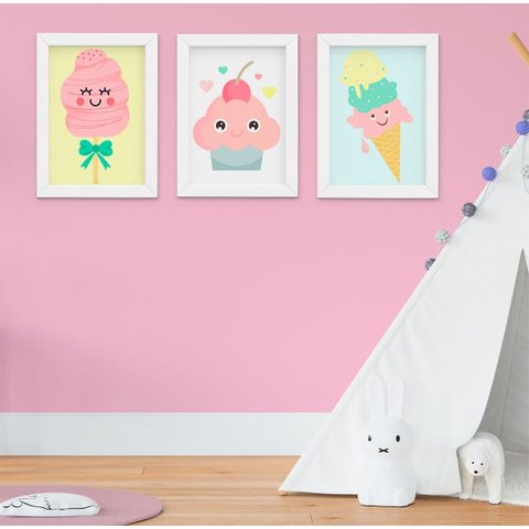 Kit Quadro Infantil Bebê Menina Doces Sorvete Cupcake 3 Peças
