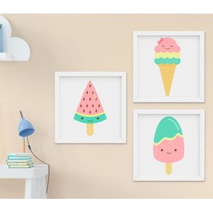 Quadro Decorativo Infantil Quarto Bebê Menina Doces Picolé Sorvete Kit 3 Peças