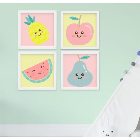 Quadro Infantil Bebê Menina Frutinhas Maça Abacaxi Pera Melancia Kit 4 Peças