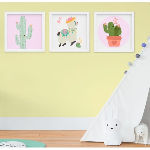 Kit Quadro Infantil Bebê Menina Lhama e Cacto 3 Peças