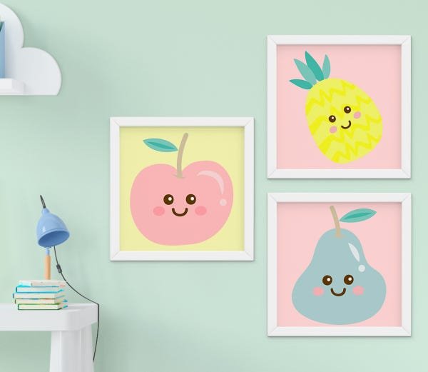 Quadro Infantil Quarto Bebê Menina Frutas Kit 3 Peças