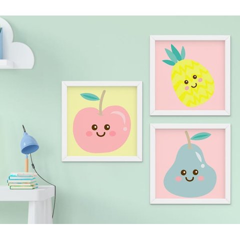 Quadro Infantil Quarto Bebê Menina Frutas Kit 3 Peças
