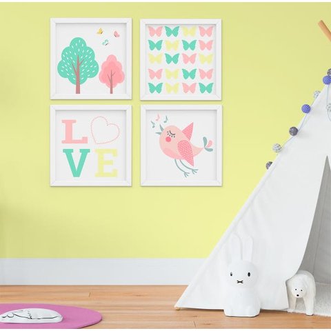 Quadro Infantil Quarto Bebê Menina Jardim Passarinho Kit 4 Peças