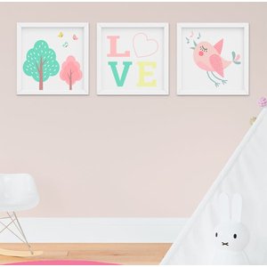 Quadro Decorativo Infantil Quarto Bebê Menina Arvore e Passarinho Kit 3 Peças