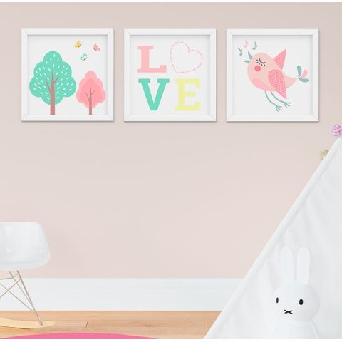 Quadro Decorativo Infantil Quarto Bebê Menina Arvore e Passarinho Kit 3 Peças