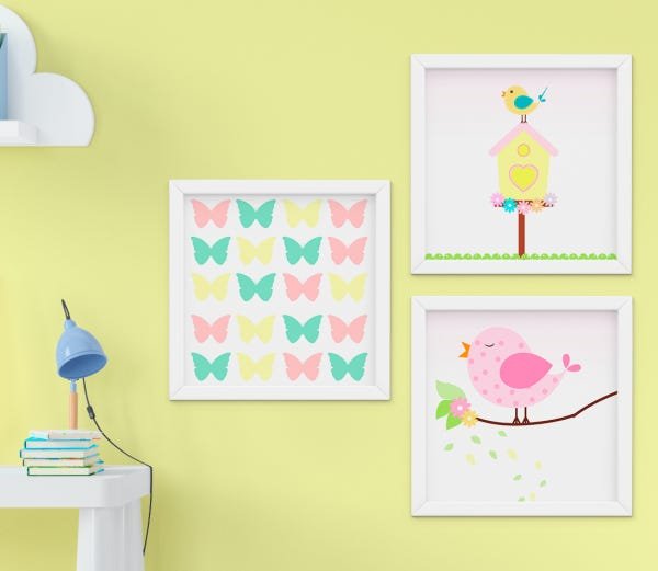 Quadro Infantil Bebê Menina Passarinho e Borboletas Kit 3 Peças