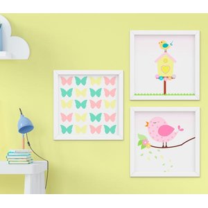 Quadro Infantil Bebê Menina Passarinho e Borboletas Kit 3 Peças