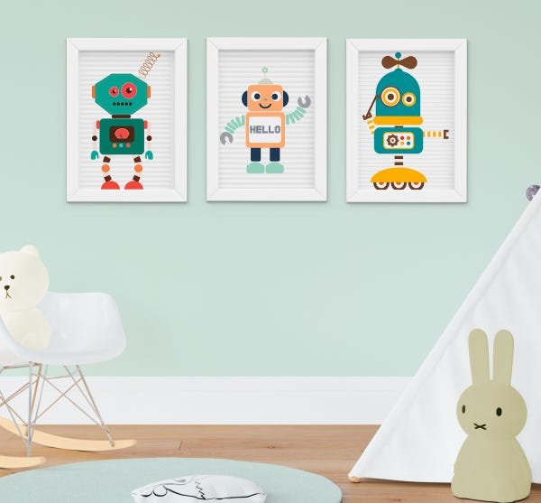 Quadro Infantil Quarto Bebê Menino Robozinhos Kit 3 Peças