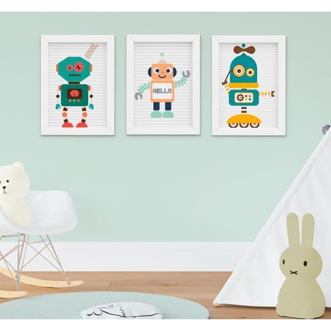 Quadro Infantil Quarto Bebê Menino Robozinhos Kit 3 Peças