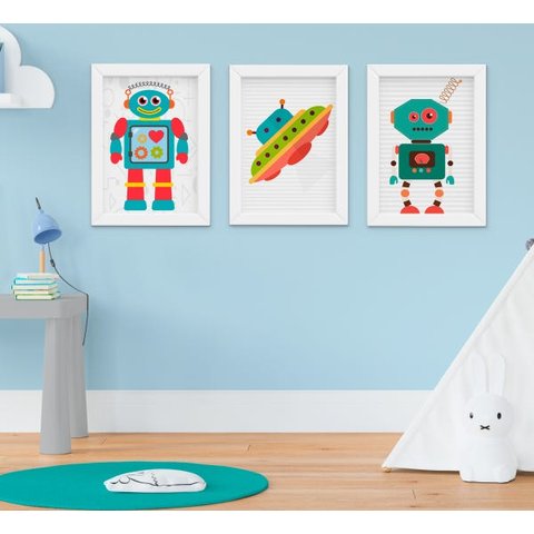 Quadrinho Decorativo Infantil Bebê Menino Robô e Nave Kit 3 Peças