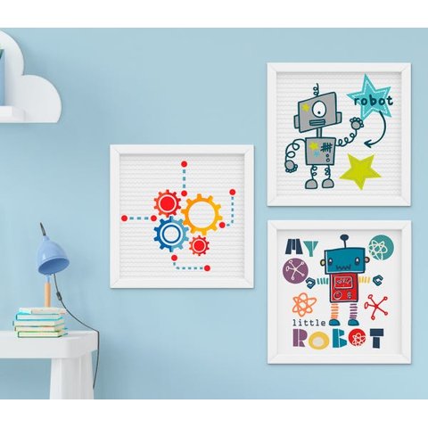 Kit Quadro Infantil Menino Robô e Engrenagem 3 Peças
