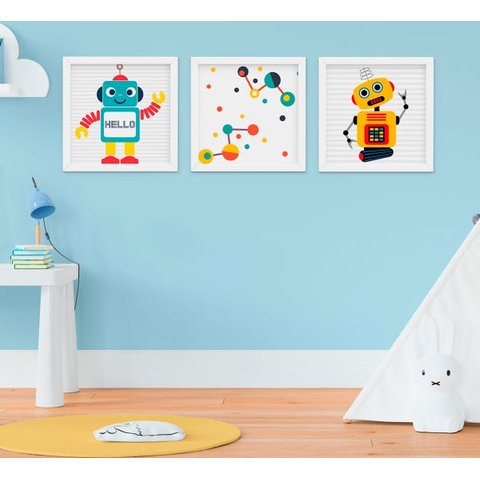 Kit Quadro Infantil Bebê Menino Robô 3 Peças