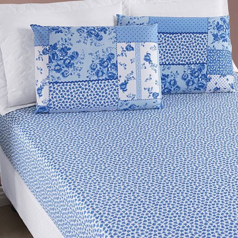 Jogo de Cama Lençol Bouti Estampado Queen 03 Peças - Azul Sereno Bia Enxovais