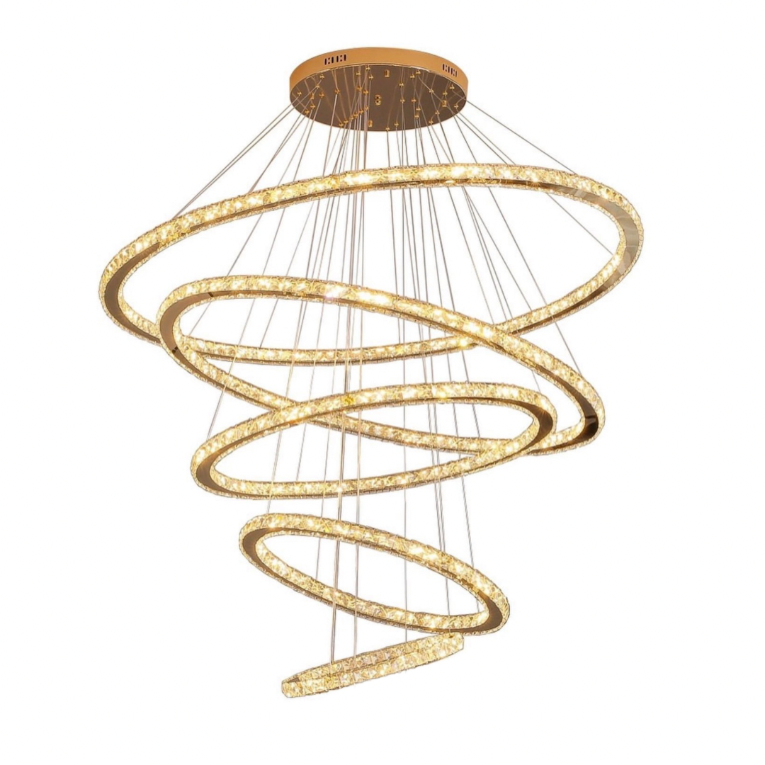 Lustre Pendente 5 Anéis Led 96w Dourado Duplo 3000k Bivolt