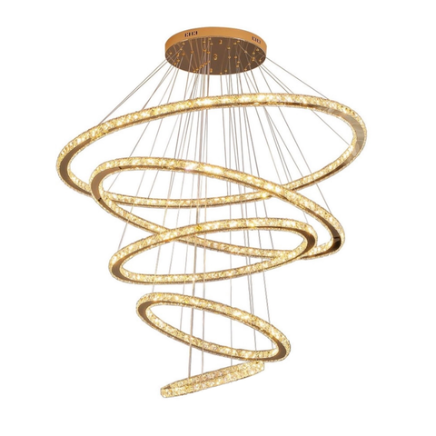 Lustre Pendente 5 Anéis Led 96w Dourado Duplo 3000k Bivolt