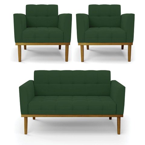 Sofá Namoradeira e 2 Poltronas Base Madeira Castanho Elisa Veludo D03 - D\'rossi Cor Verde