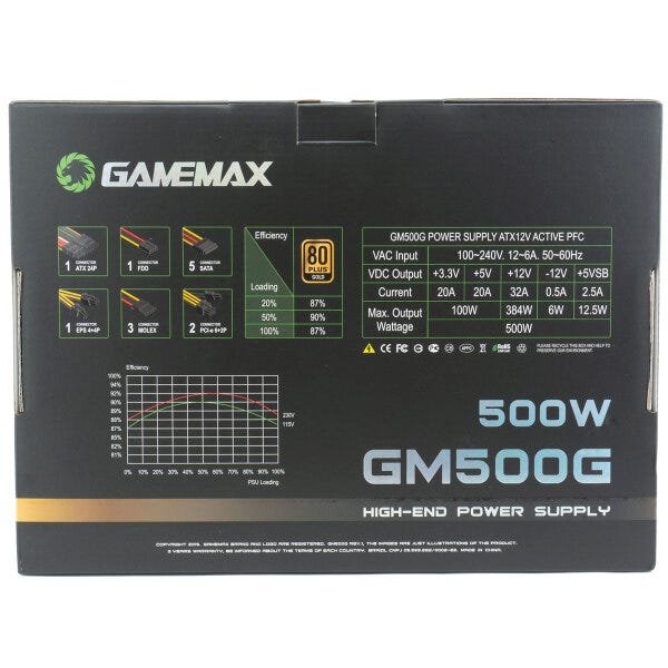 Fonte Gamemax GM500G, 500W, 80 Plus Gold, Semi-Modular - GM500G