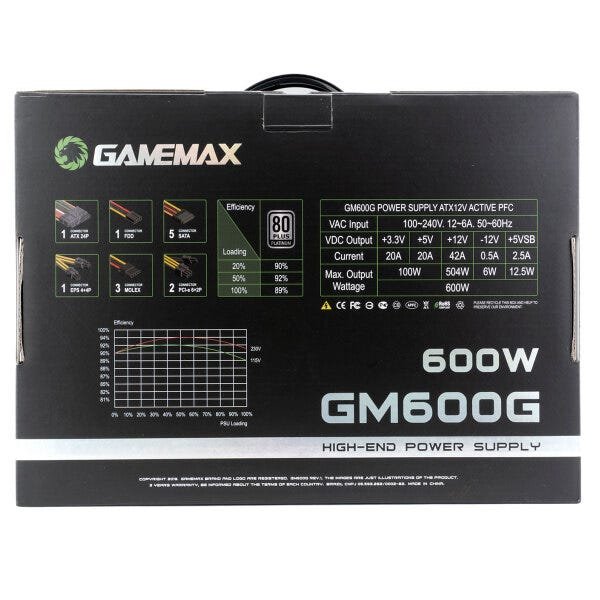 Fonte Gamer ATX Gamemax GM600G 600W Semi-Modular 80 Plus Platinum PFC Ativo  Preta