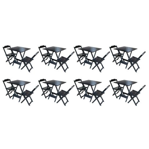 Kit 8 Jogos de Mesa Dobravel com 2 Cadeiras de Madeira 70x70 - Preto