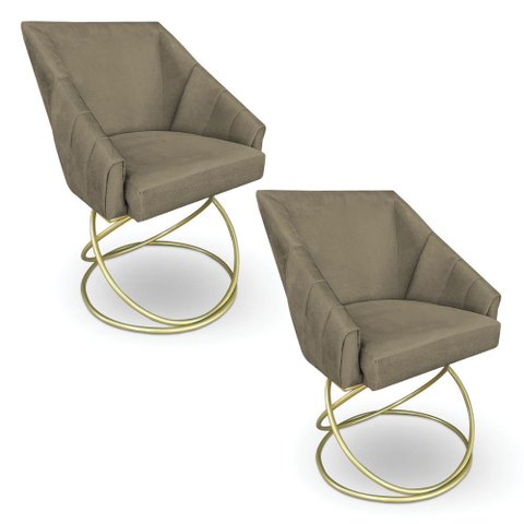 Kit 2 Poltronas Luxo Alana Suede Base de Ferro Dourado - Pallazio