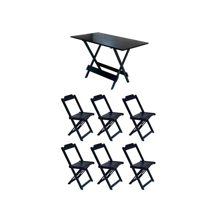 Conjunto Mesa de Madeira Dobrável 1,20x70 Preto 6 Cadeiras Conjunto Mesa de Madeira Dobrável 1,20x70 Preto 6 Cadeiras