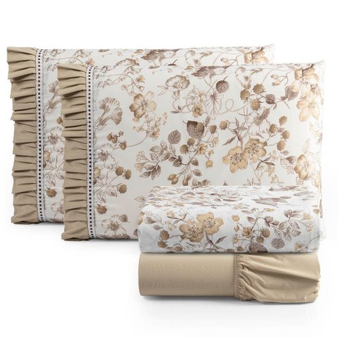 Jogo Cama Lençol Fiore Casal Padrão Estampado 180 Fios 100% Algodão com Babadinho 4 Peças Bege Flora