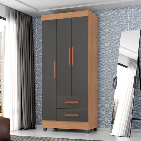 Roupeiro 3 Portas Lite 76cm 30463 com 2 Gavetas - Nature/cinza Móveis Leão