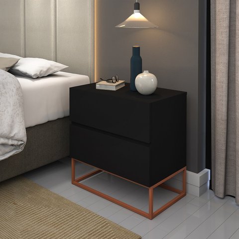 Mesa de Cabeceira para Lateral de Cama Preto Pintura Fosca Pé Ferro Cobre Rosê Eros 45cm 2 Gavetas